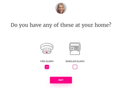 Lemonade screenshot - home security question about alarms
