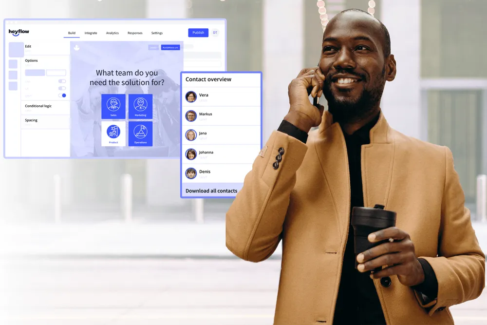 Heyflow screenshots and African-American person smiling and holding the mobile phone