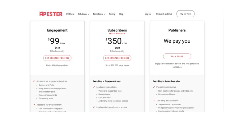screenshot showing Apester's pricing
