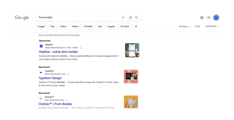 Screenshot showing Google Ads at the top of a search results page
