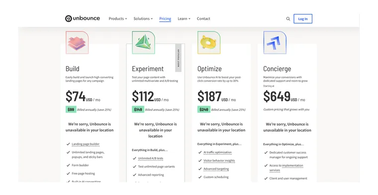 screenshot showing Unbounce's pricing