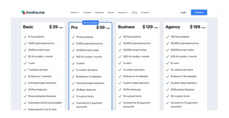 screenshot showing involve.me's pricing plans