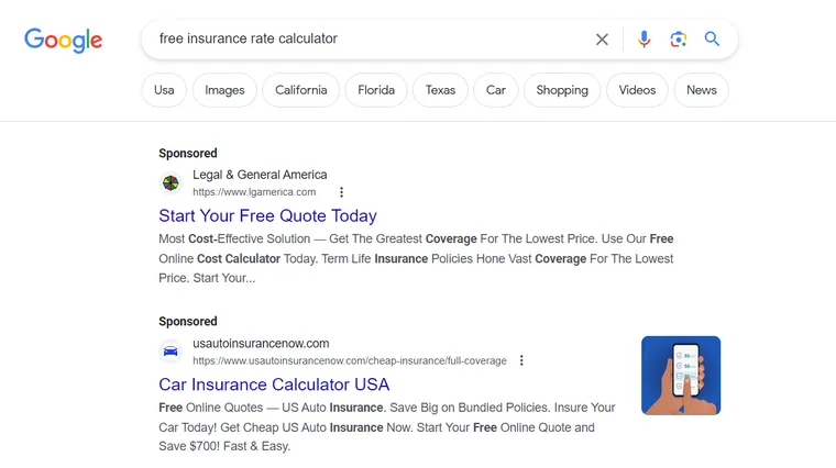 Screenshot showing some Google Ads from insurances