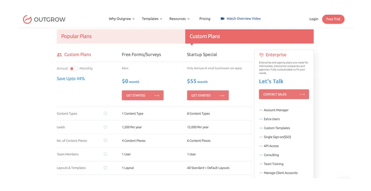 Screenshot showing Outgrow's custom pricing plans