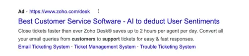 Screenshot of a Google Ad by Zoho highlighting USPs