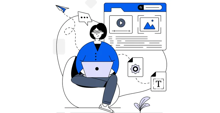 a cartoon-like illustration of a girl sitting with her laptop on her lap creating an ad campaign