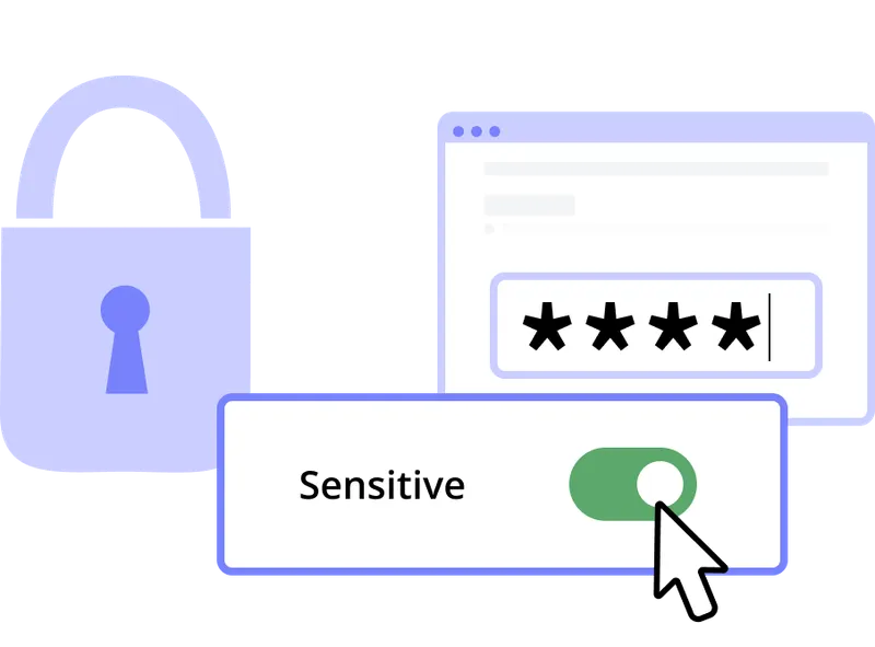 A lock icon, a radio button with a Sensitive label, and a browser with a password input