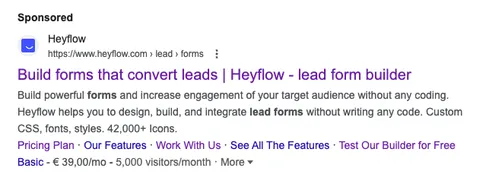 Screenshot of Heyflow's Google Ad highlighting value prop
