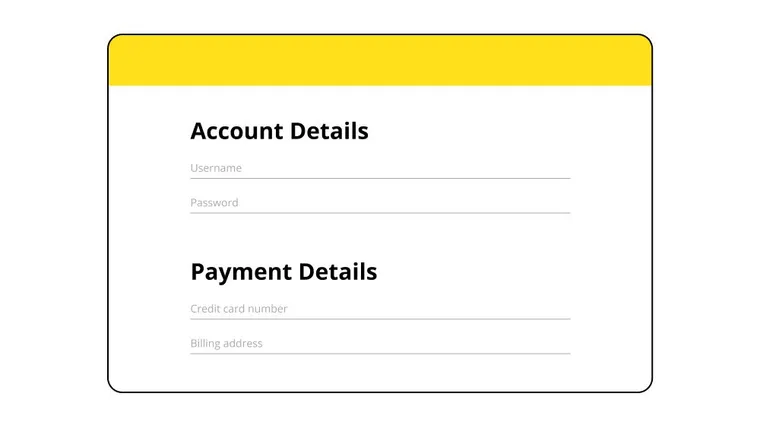 A example of a form with group fields for account and payment details